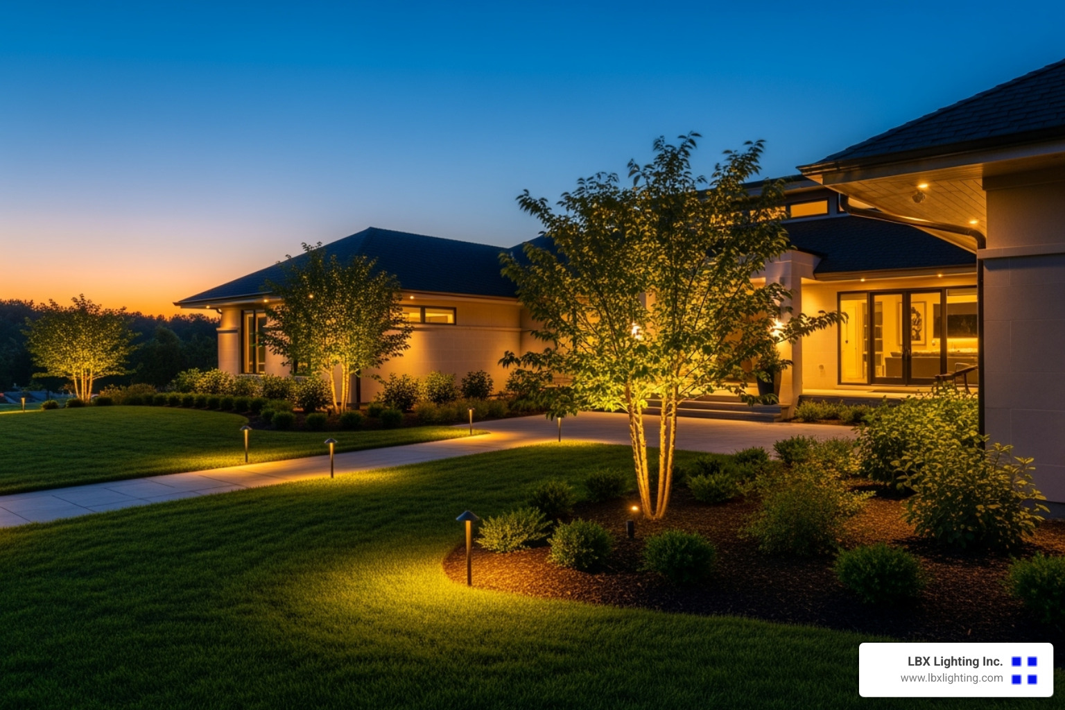 showcase of various lighting techniques including path lights, uplights, and soffit lights on one property - outdoor lighting installation in houston