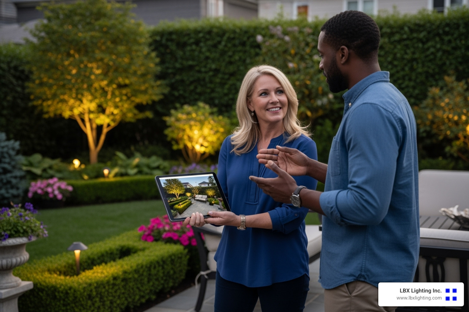 lighting designer consulting with homeowner in their yard - outdoor lighting installation in houston