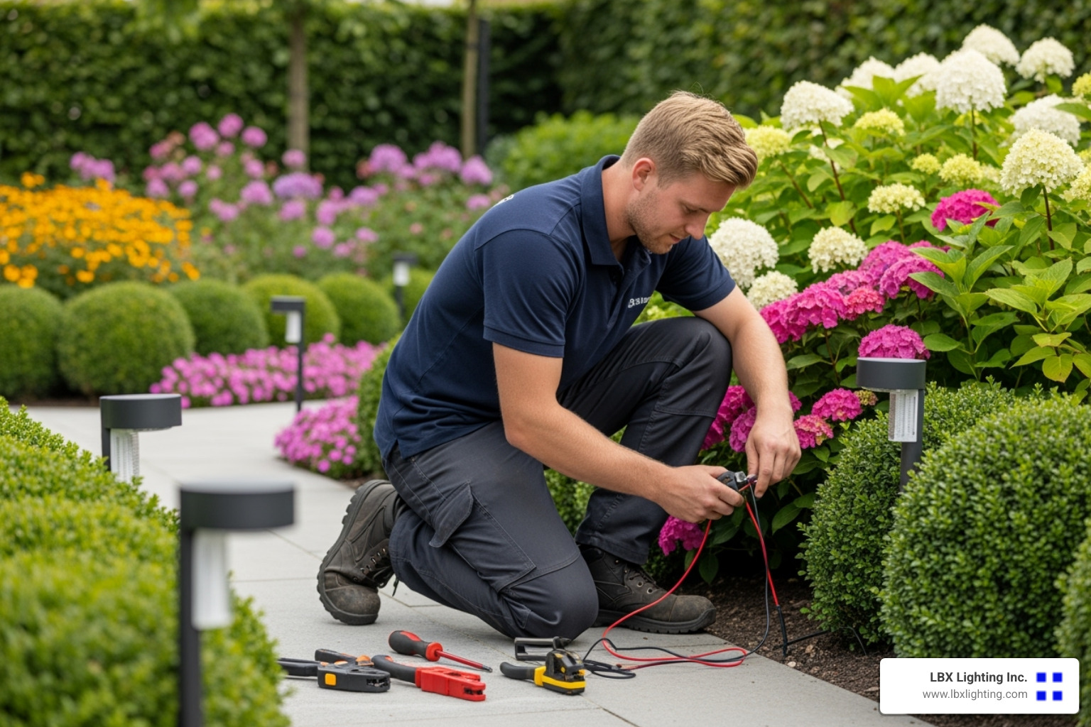 certified technician working on professional lighting installation - outdoor lighting installation in houston