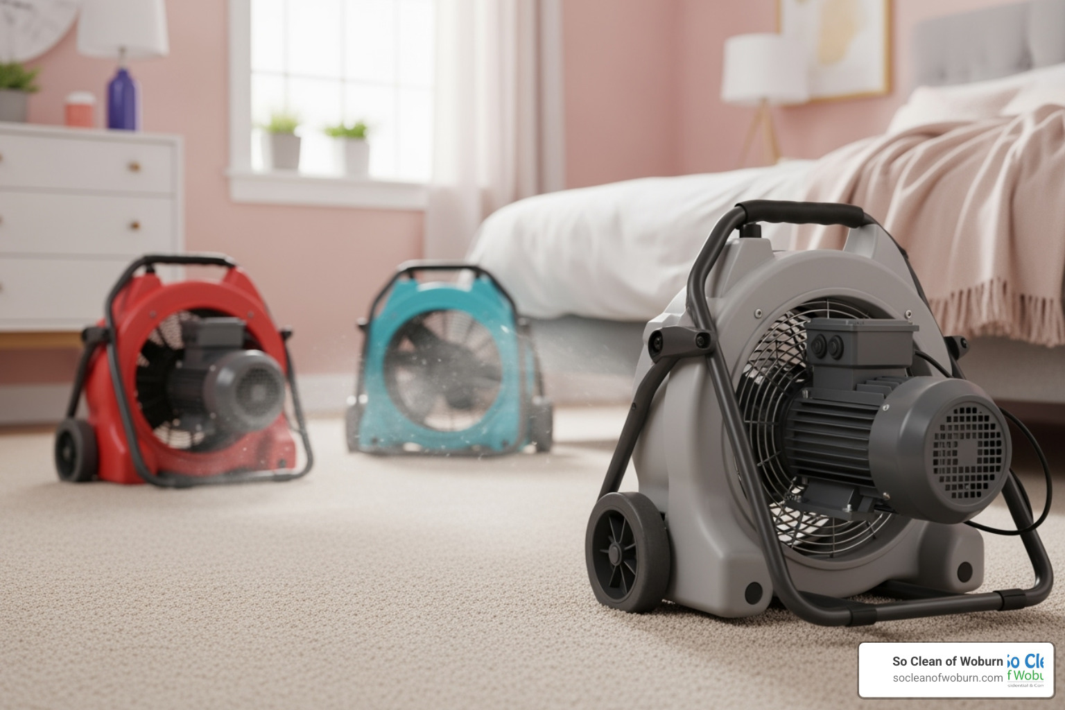 air movers placed in a room to speed up carpet drying - healthy carpet care