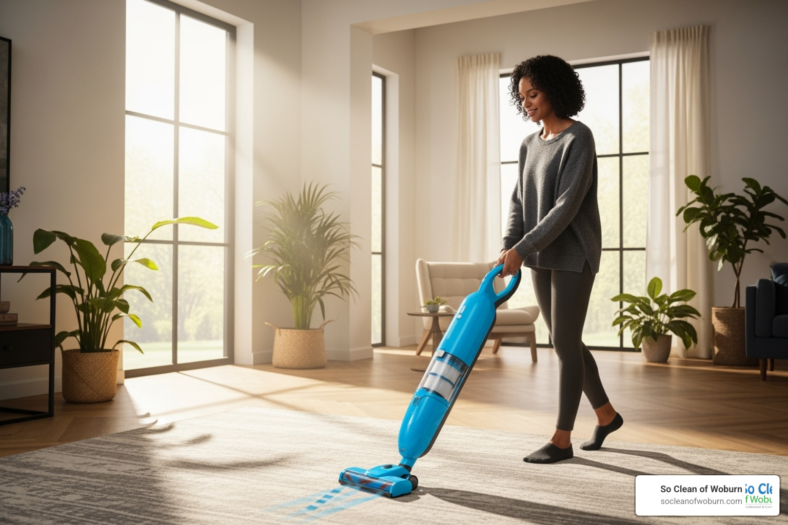 person using a HEPA filter vacuum cleaner on a carpet - healthy carpet care