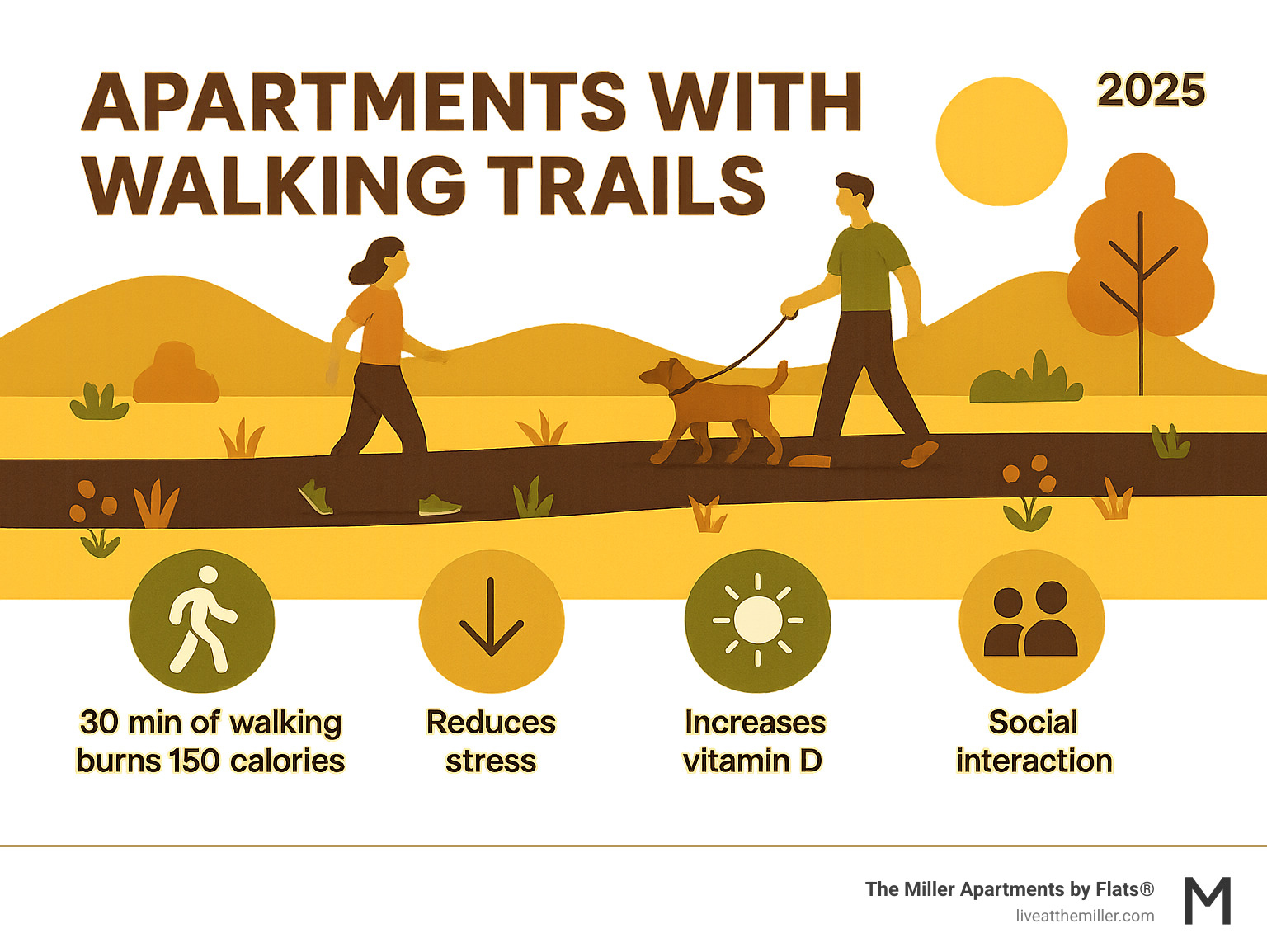 Infographic showing daily benefits of living near walking trails including 30 minutes of walking burns 150 calories, reduces stress hormones by 23%, increases vitamin D absorption, provides opportunities for social interaction with neighbors, and offers convenient pet exercise areas - apartments with walking trails infographic Infographic showing daily benefits of living near walking trails including 30 minutes of walking burns 150 calories, reduces stress hormones by 23%, increases vitamin D absorption, provides opportunities for social interaction with neighbors, and offers convenient pet exercise areas - apartments with walking trails infographic
