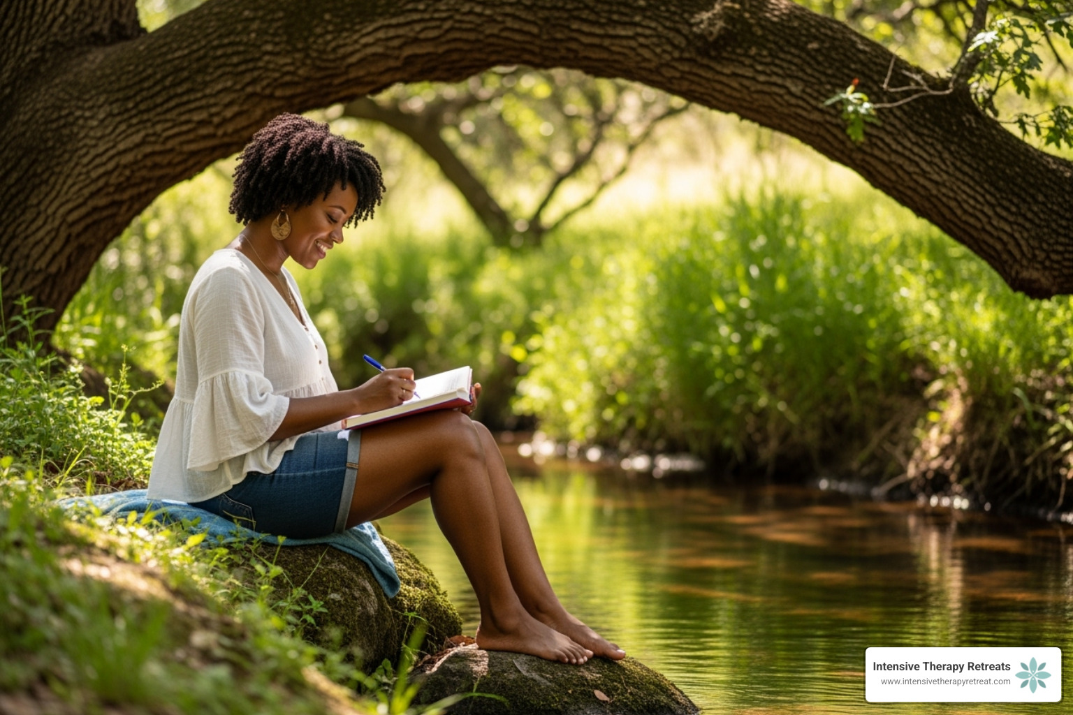 Black woman journaling peacefully outdoors - healing retreats for black women