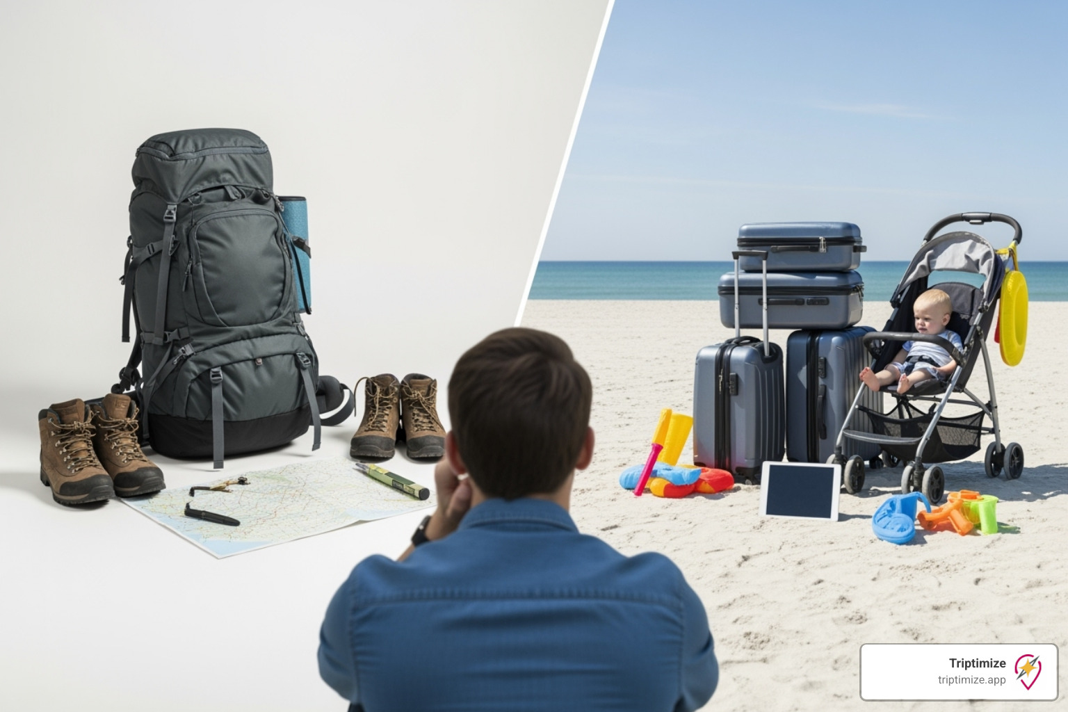 Person comparing different travel planning options - solo backpacker setup versus family vacation planning - travel itinerary generator