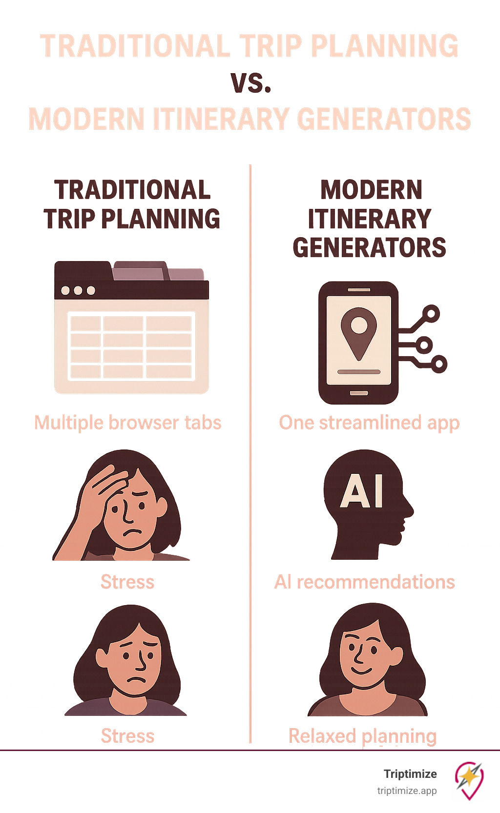 Infographic showing traditional trip planning with multiple browser tabs, spreadsheets, and stress on the left side versus modern itinerary generators with one streamlined app, AI recommendations, and relaxed planning on the right side - travel itinerary generator infographic 