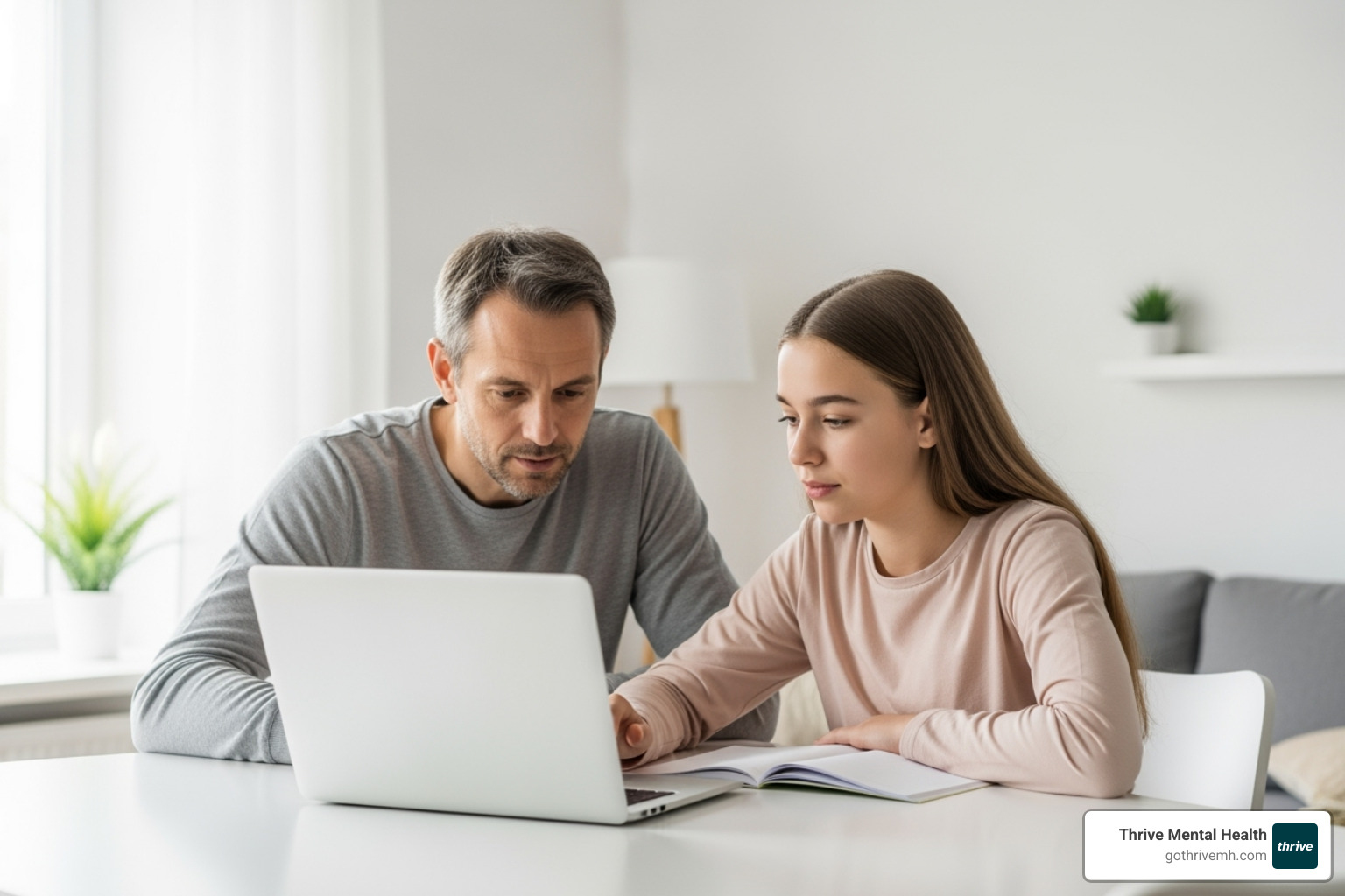 A parent and teen looking at a laptop screen together, researching therapy options - virtual counseling for teens