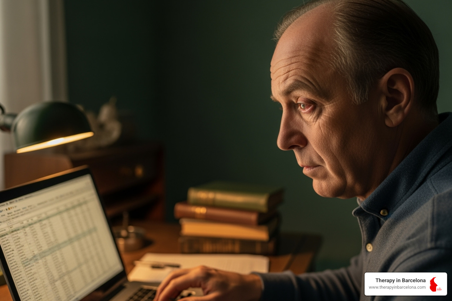 person looking stressed at laptop late at night - therapy for work life balance person looking stressed at laptop late at night - therapy for work life balance