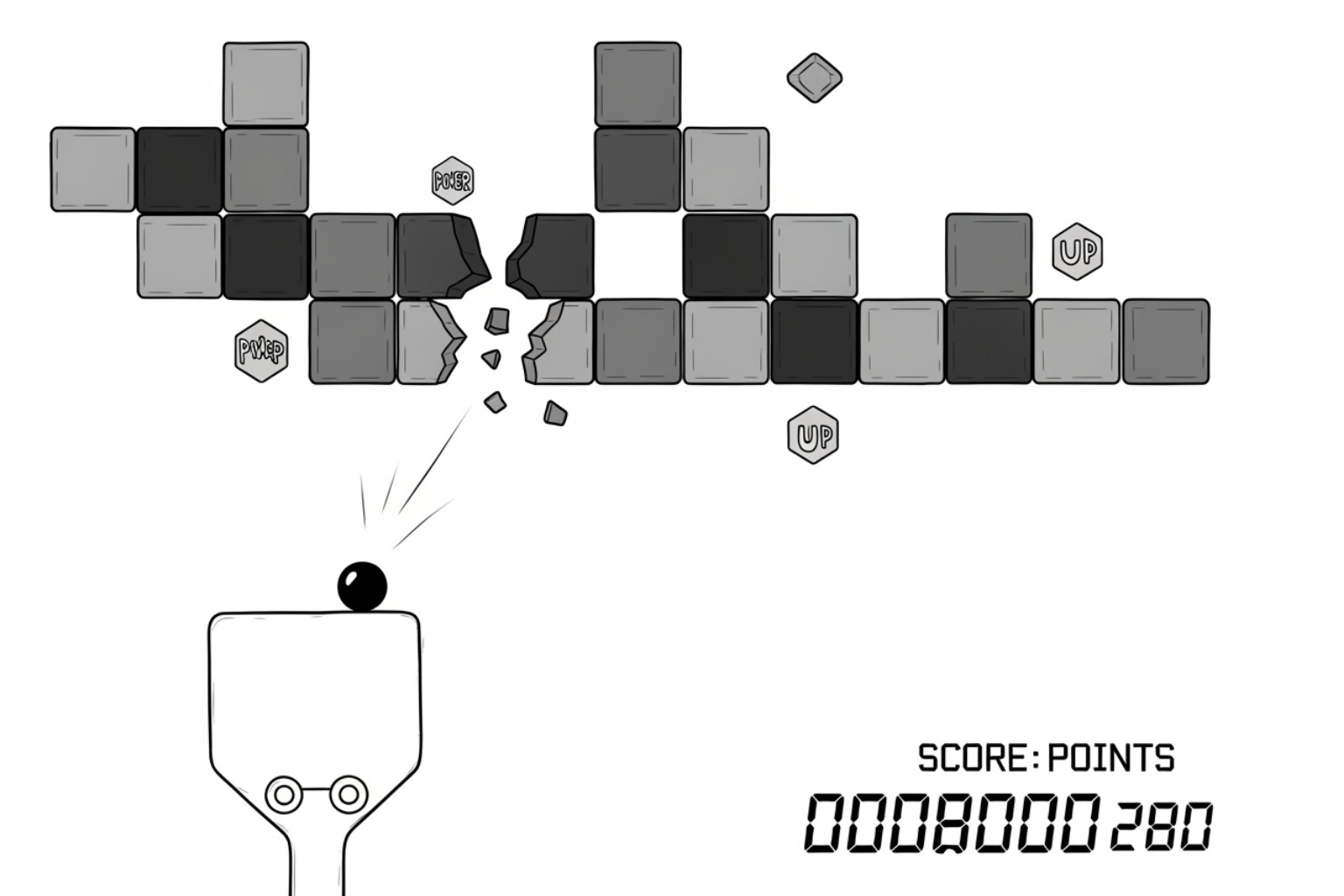 Game screen showing the paddle at bottom, colorful blocks arranged in rows at top, bouncing ball in motion, power-up icons, and score display with clear callouts labeling each element - google block breaker Game screen showing the paddle at bottom, colorful blocks arranged in rows at top, bouncing ball in motion, power-up icons, and score display with clear callouts labeling each element - google block breaker
