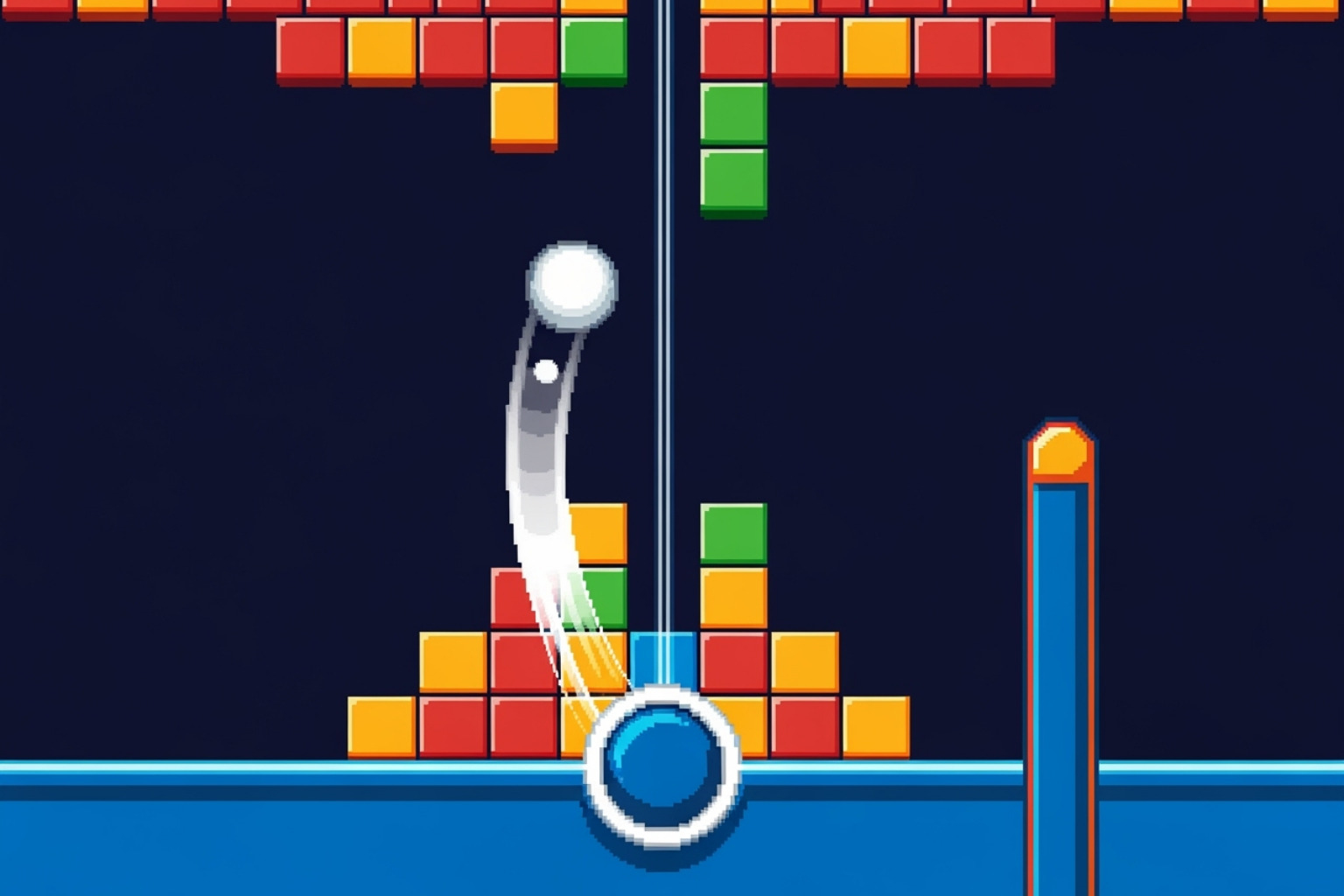 Advanced gameplay screenshot showing the ball positioned above the brick formation, demonstrating the tunnel technique with arrows indicating ball trajectory and optimal paddle positioning - google block breaker Advanced gameplay screenshot showing the ball positioned above the brick formation, demonstrating the tunnel technique with arrows indicating ball trajectory and optimal paddle positioning - google block breaker