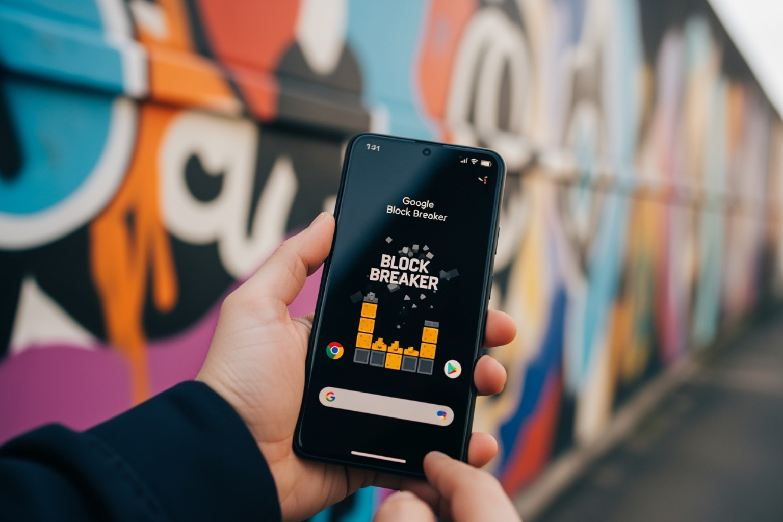 Google search results page showing the Atari Breakout game interface with colorful blocks arranged in rows and a paddle at the bottom - google block breaker Google search results page showing the Atari Breakout game interface with colorful blocks arranged in rows and a paddle at the bottom - google block breaker