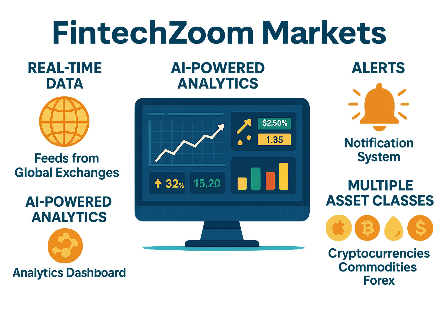 Comprehensive overview of FintechZoom Markets platform showing real-time data feeds from global exchanges, AI-powered analytics dashboard, alert system notifications, and multiple asset class coverage including stocks, cryptocurrencies, commodities and forex markets - fintechzoom.com markets infographic 