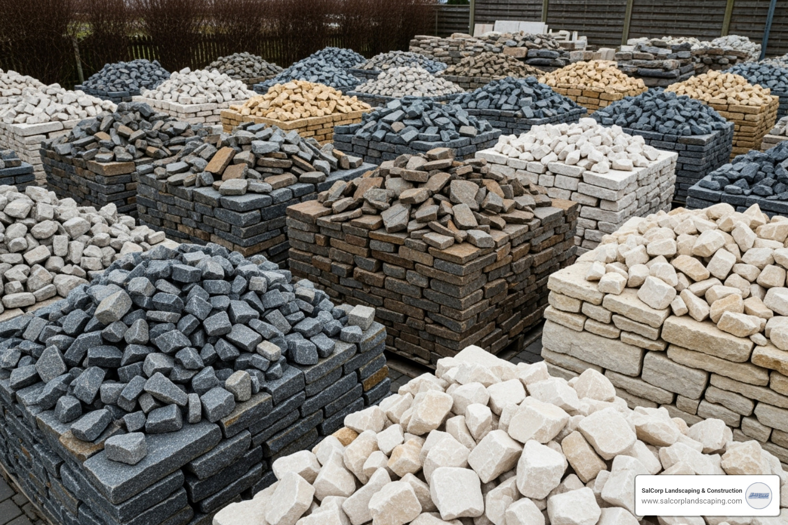 Different types of natural stone for retaining walls including granite, fieldstone, and limestone displayed in a stone yard - Natural stone retaining walls