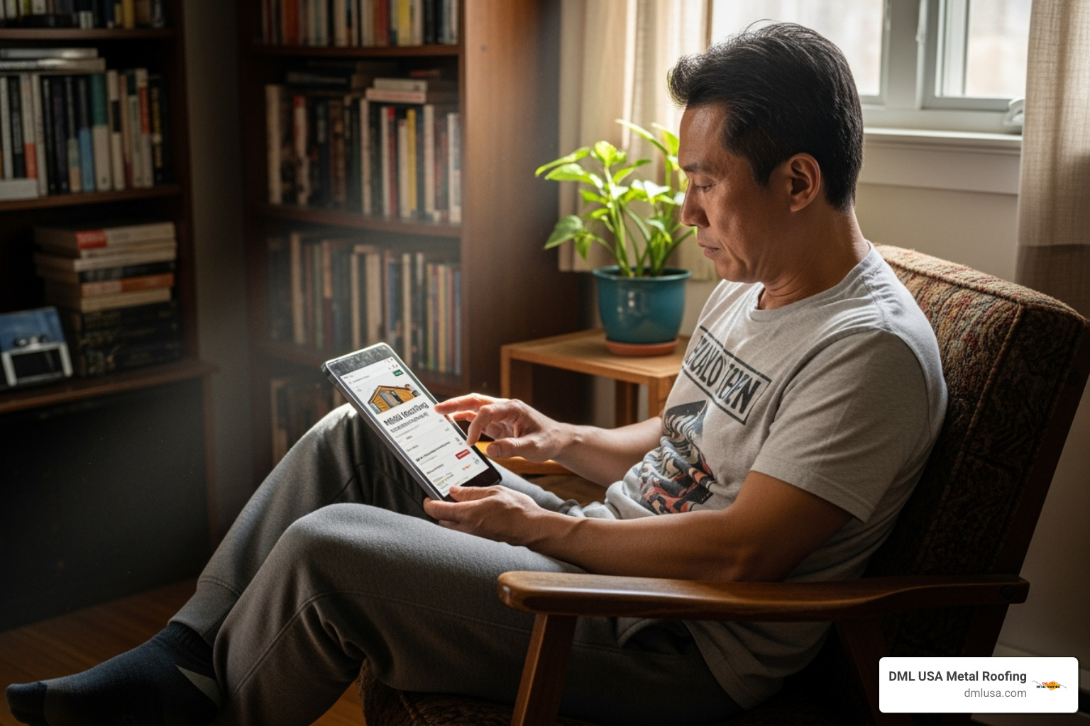 Homeowner looking at tablet showing local search results for metal roofing contractors - affordable metal roofing company near me