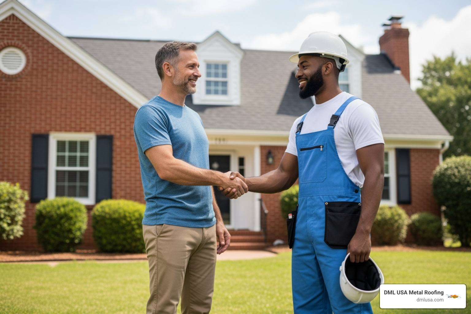 Homeowner shaking hands with professional roofing contractor - affordable metal roofing company near me