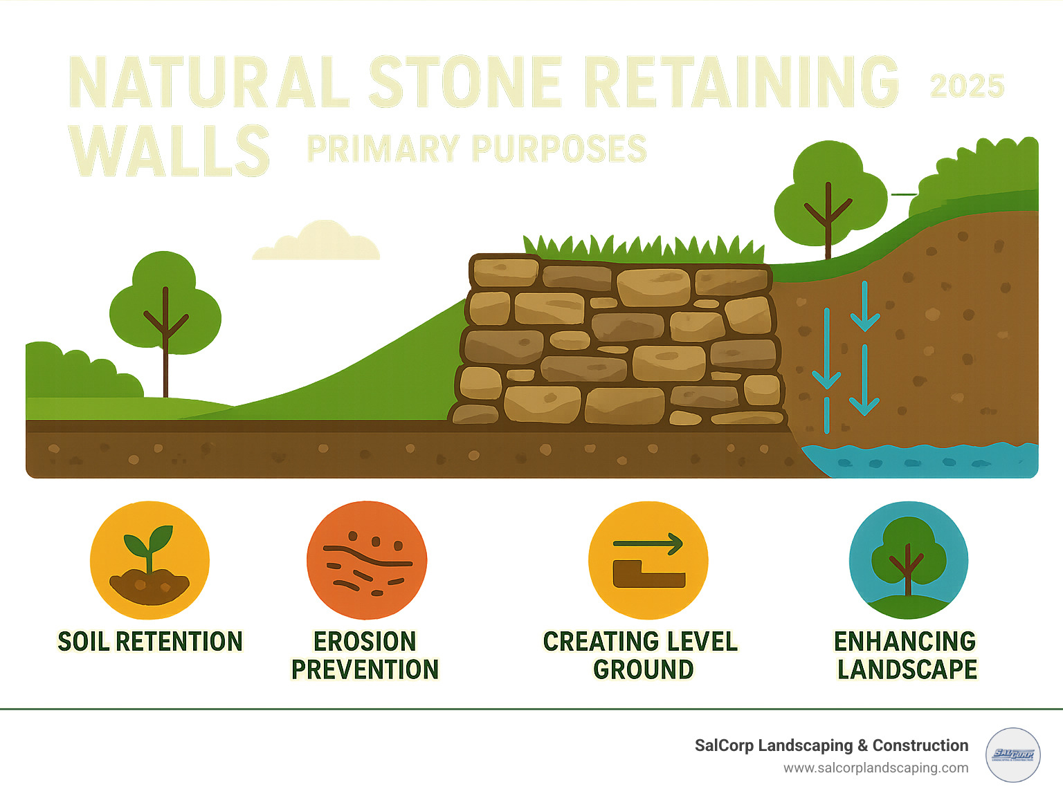 Infographic showing the primary purposes of natural stone retaining walls including soil retention, erosion prevention, creating level ground from slopes, and enhancing landscape design with proper drainage systems - Natural stone retaining walls infographic 