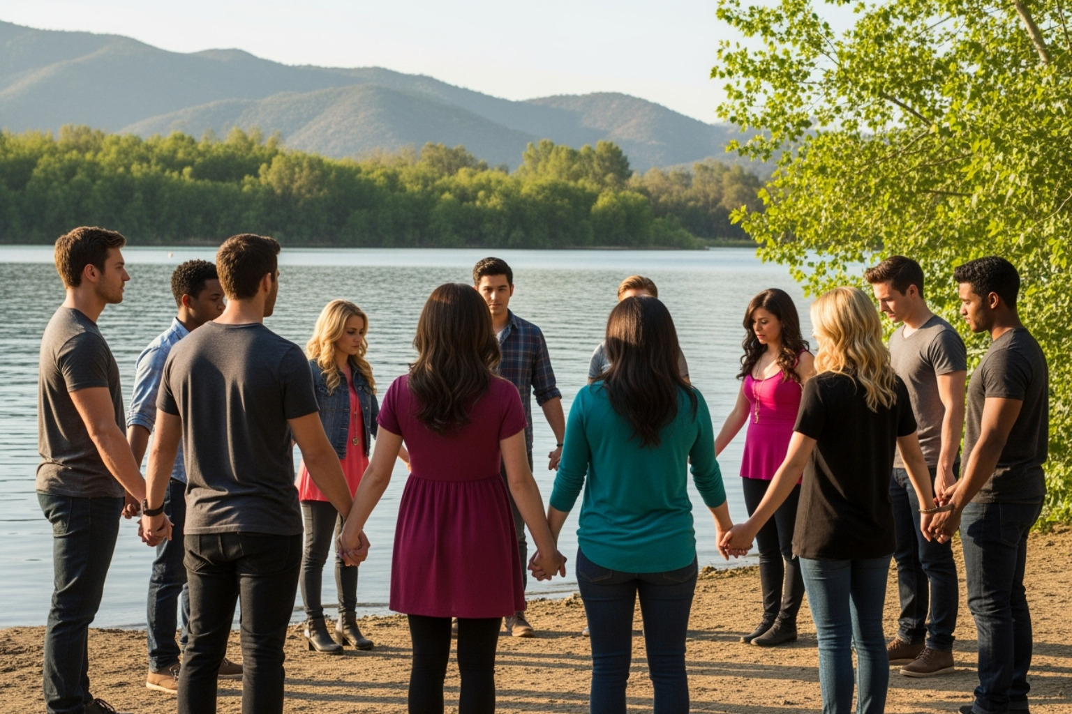 Glee cast members holding hands at Lake Piru during memorial gathering - naya rivera
