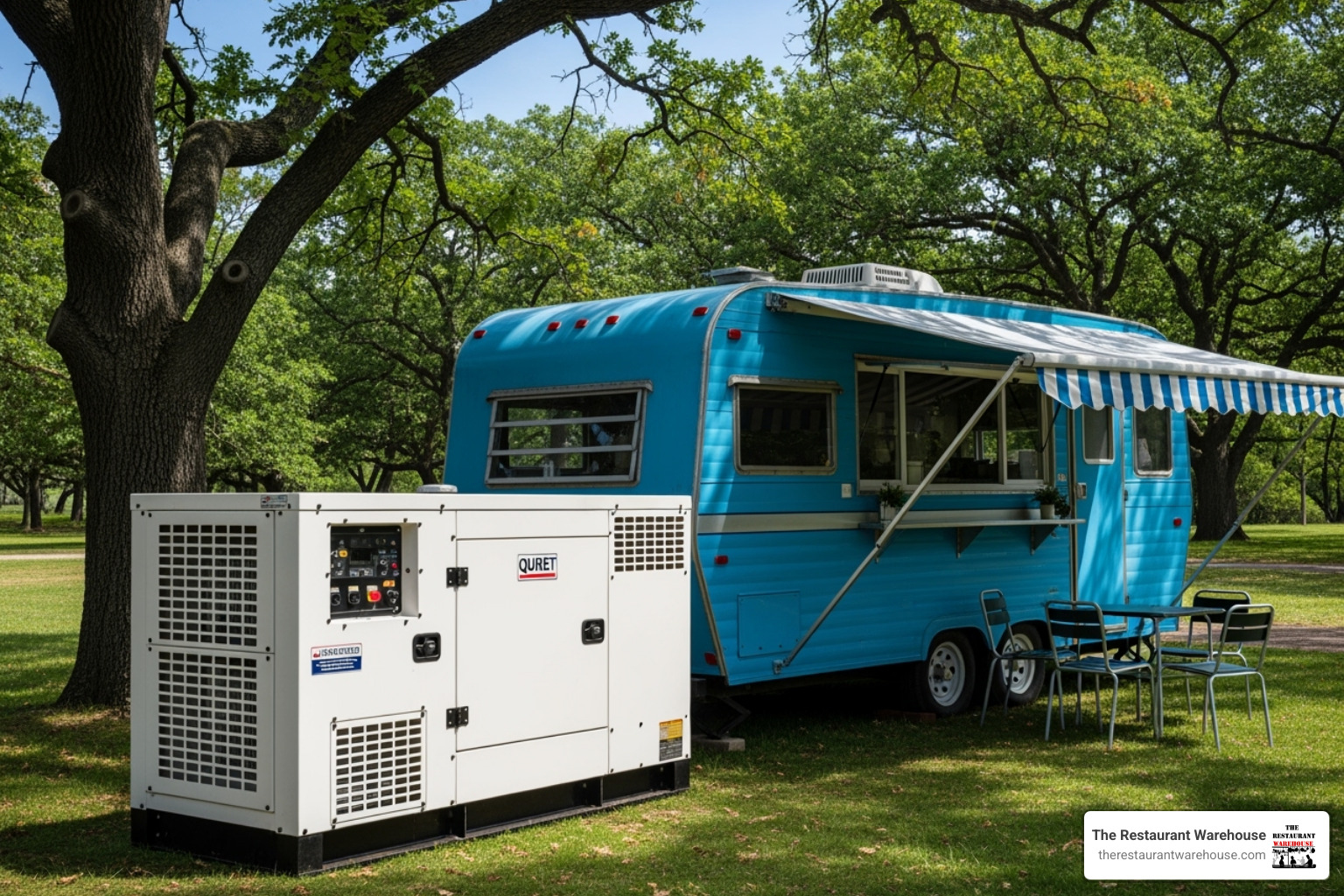 Quiet generator positioned next to a food trailer with proper ventilation and safety equipment - soft serve concession trailer