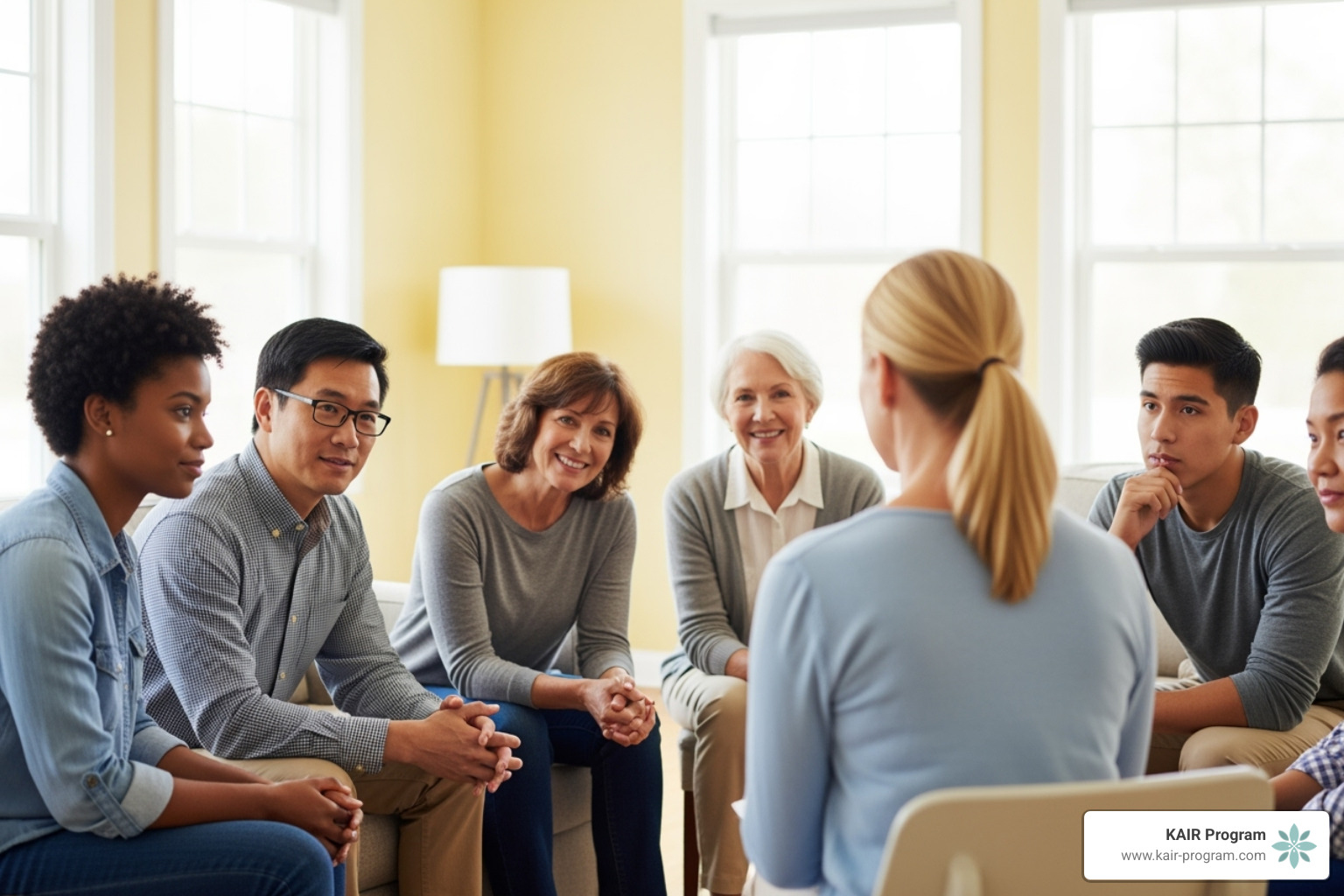 group therapy session in a comfortable, sunlit room - depression treatment retreat