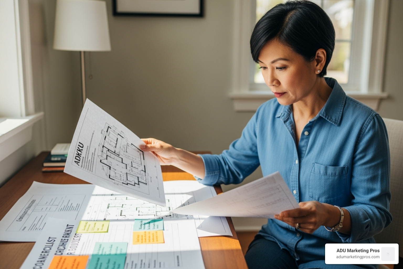 homeowner reviewing ADU blueprints with a checklist of grant requirements - accessory dwelling unit grant program