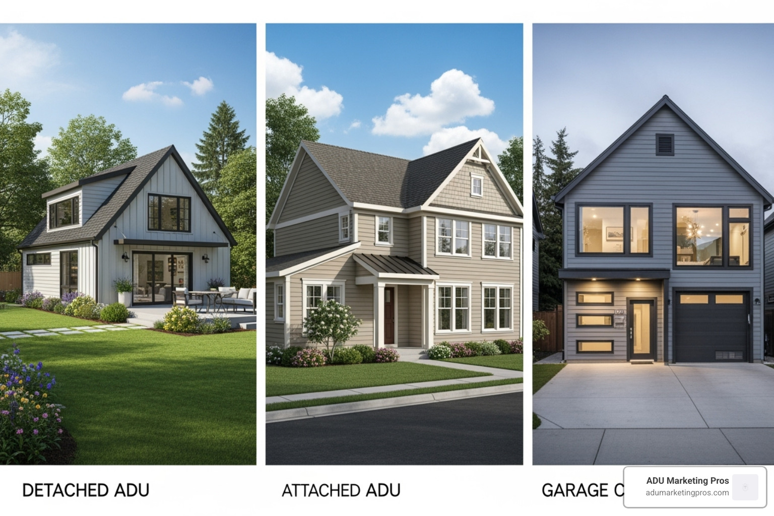 side-by-side comparison of a detached ADU, an attached ADU, and a garage conversion ADU - accessory dwelling unit grant program