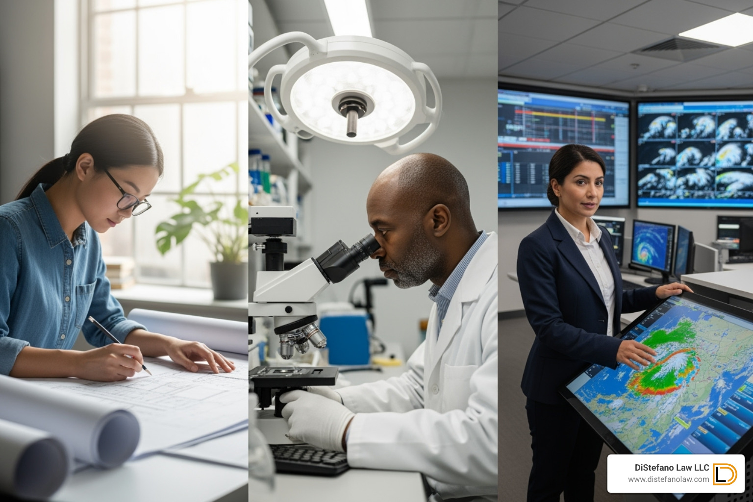 Collage showing different experts including an engineer with blueprints, a scientist with a microscope, and a meteorologist with a weather map - Slip and fall experts