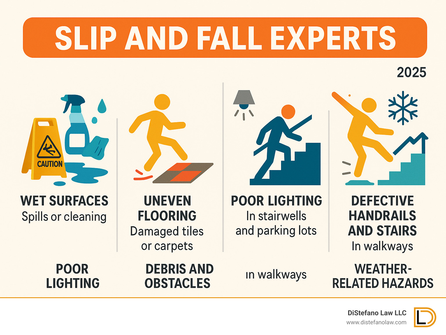 Infographic showing common causes of slip and fall accidents including wet surfaces from spills or cleaning, uneven flooring from damaged tiles or carpets, poor lighting in stairwells and parking lots, debris and obstacles in walkways, defective handrails and stairs, and weather-related hazards like ice and snow - Slip and fall experts infographic 