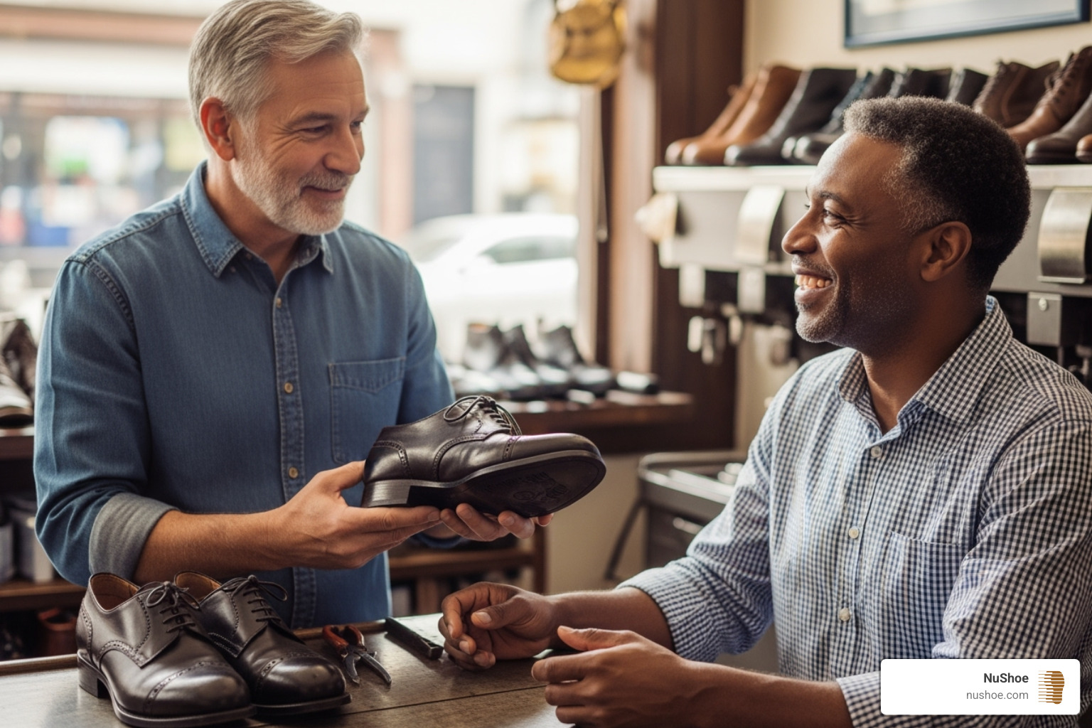 A satisfied customer receiving their beautifully repaired shoes over the counter with a smile - cobbler near me San Diego