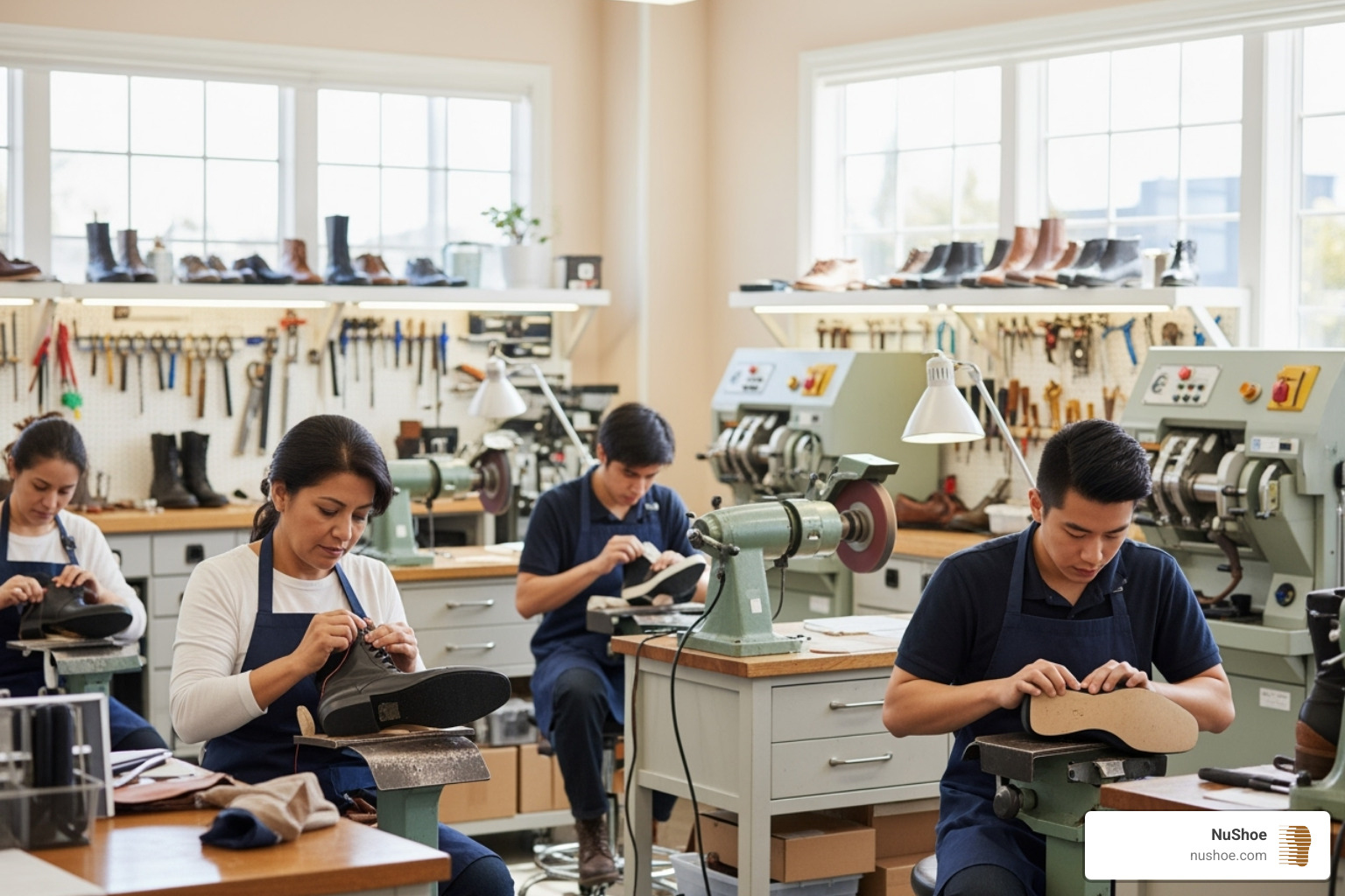 NuShoe's welcoming repair facility in San Diego with organized workstations and skilled craftspeople - cobbler near me San Diego