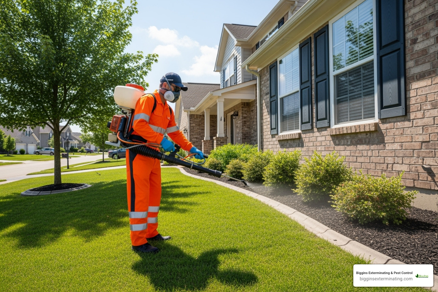 Technician performing exterior treatment around a home - Pest Treatment Anodver MA Technician performing exterior treatment around a home - Pest Treatment Anodver MA