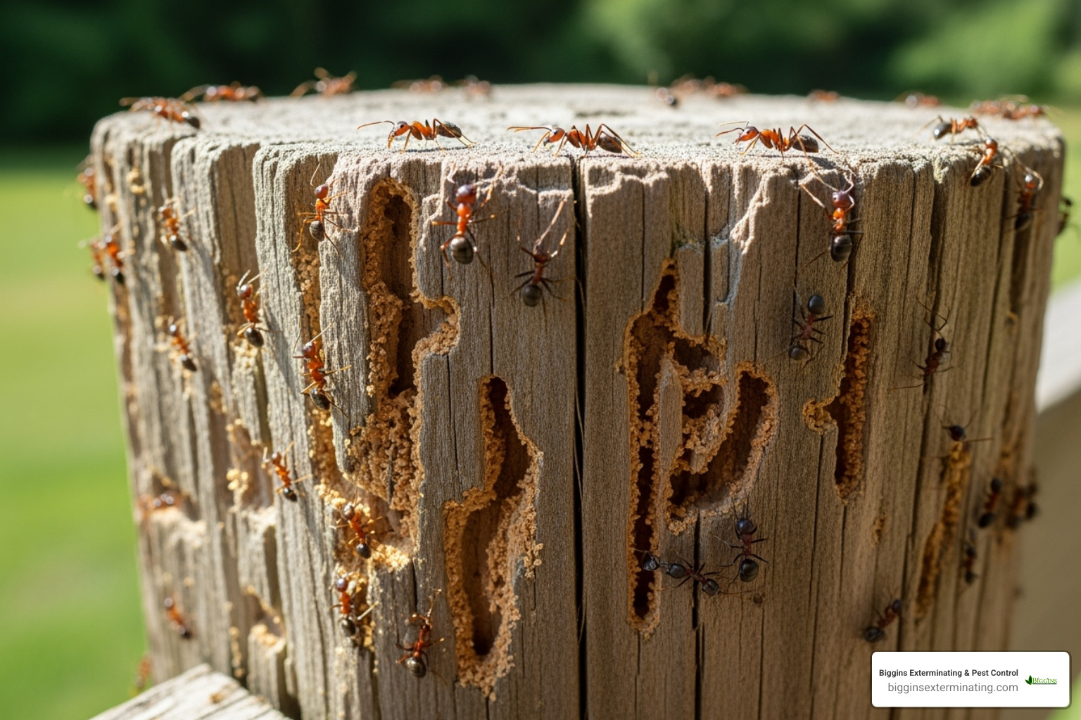 Carpenter ants near a wooden structure showing damage - Pest Treatment Anodver MA Carpenter ants near a wooden structure showing damage - Pest Treatment Anodver MA