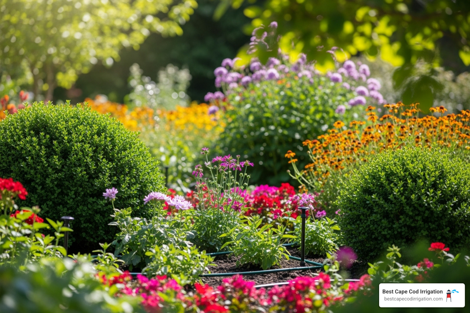 Vibrant, healthy garden with subtle, integrated drip irrigation lines - lawn sprinkler solutions