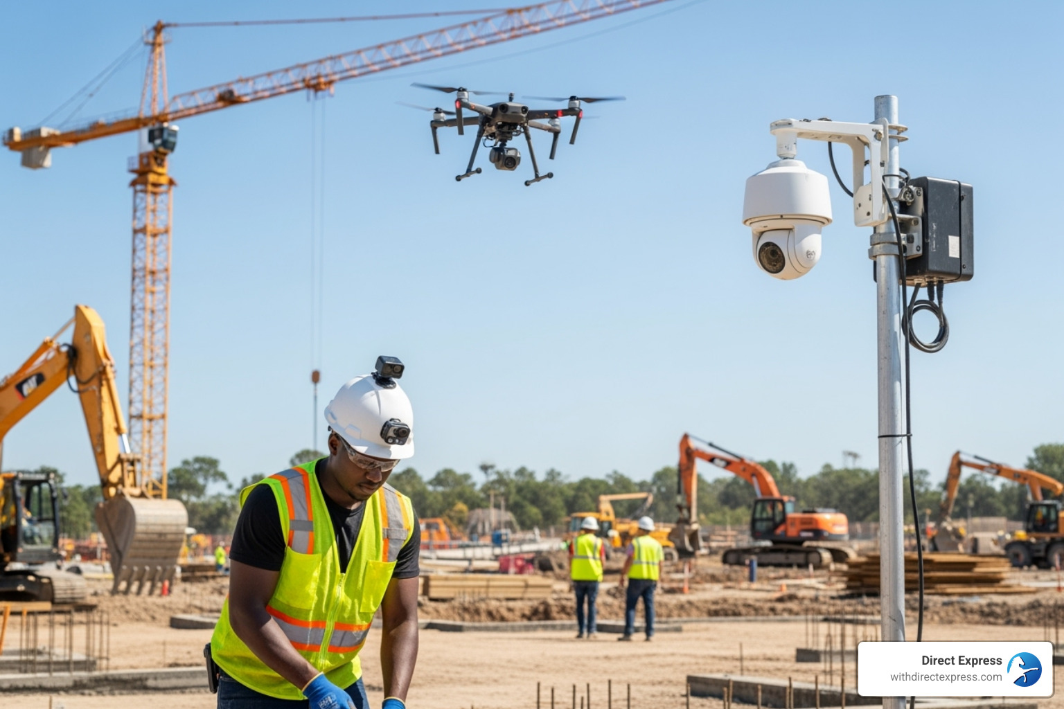 Various monitoring technologies in action: a 360° camera on a hard hat, a fixed construction camera on a pole, and a drone in flight - construction progress monitoring services