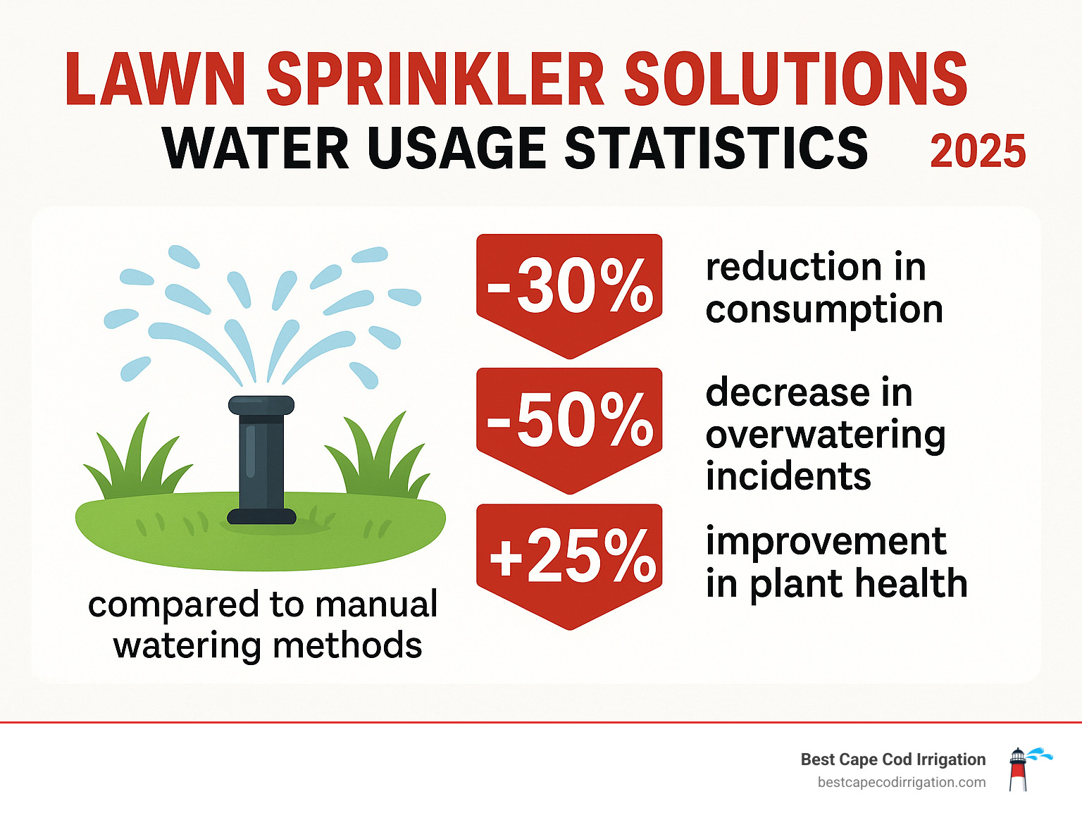 Water usage statistics showing 30% reduction in consumption with smart irrigation systems, 50% decrease in overwatering incidents, and 25% improvement in plant health metrics compared to manual watering methods - lawn sprinkler solutions infographic 
