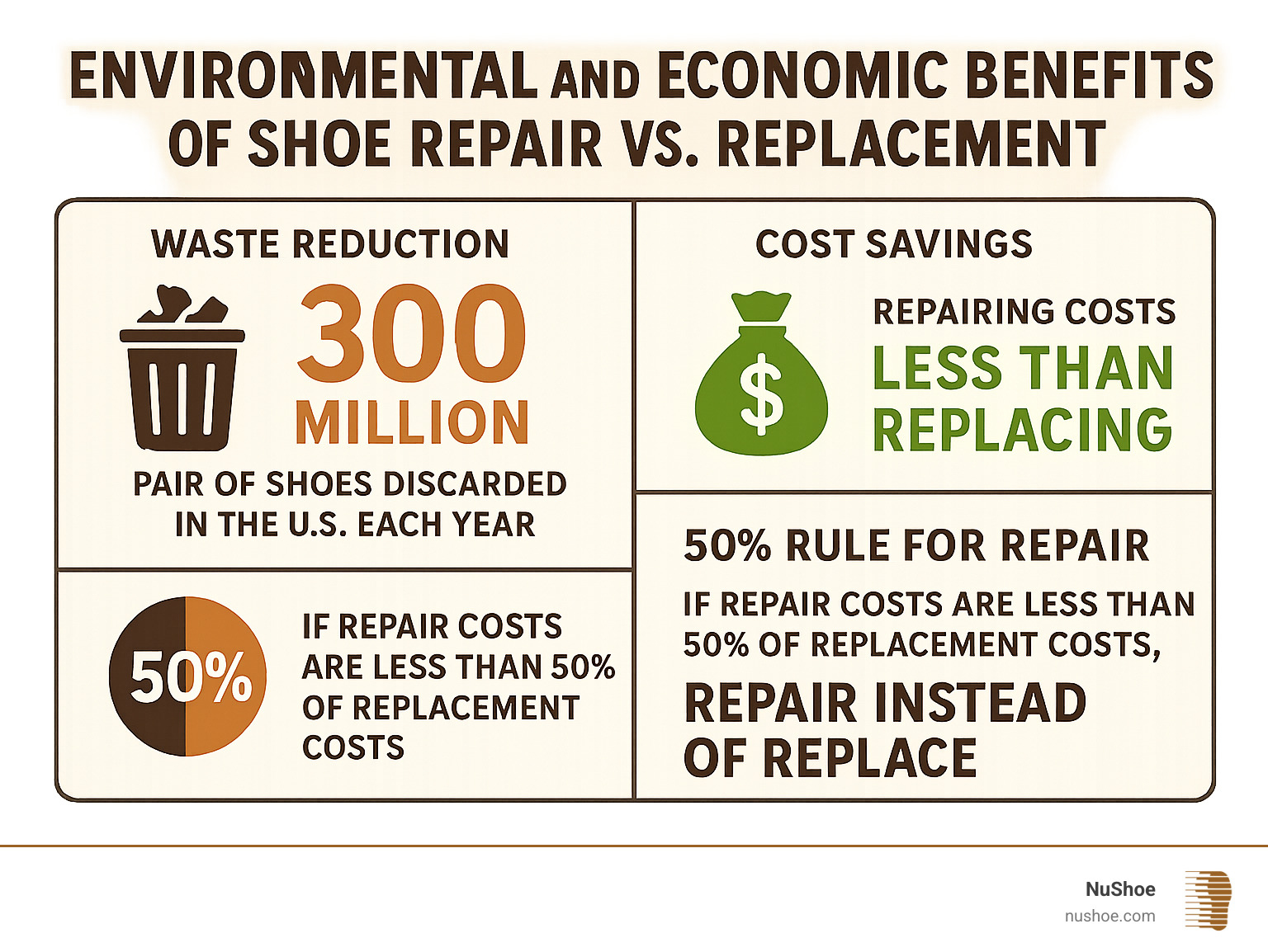 Infographic showing the environmental and economic benefits of shoe repair versus replacement, including statistics on waste reduction, cost savings, and the 50% repair rule for decision-making - cobbler near me San Diego infographic 