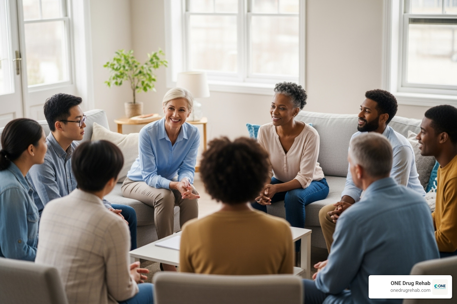 therapist leading a small group discussion in a comfortable, well-lit room with participants sitting in a circle, representing the supportive environment of intensive outpatient programs - iop drug program