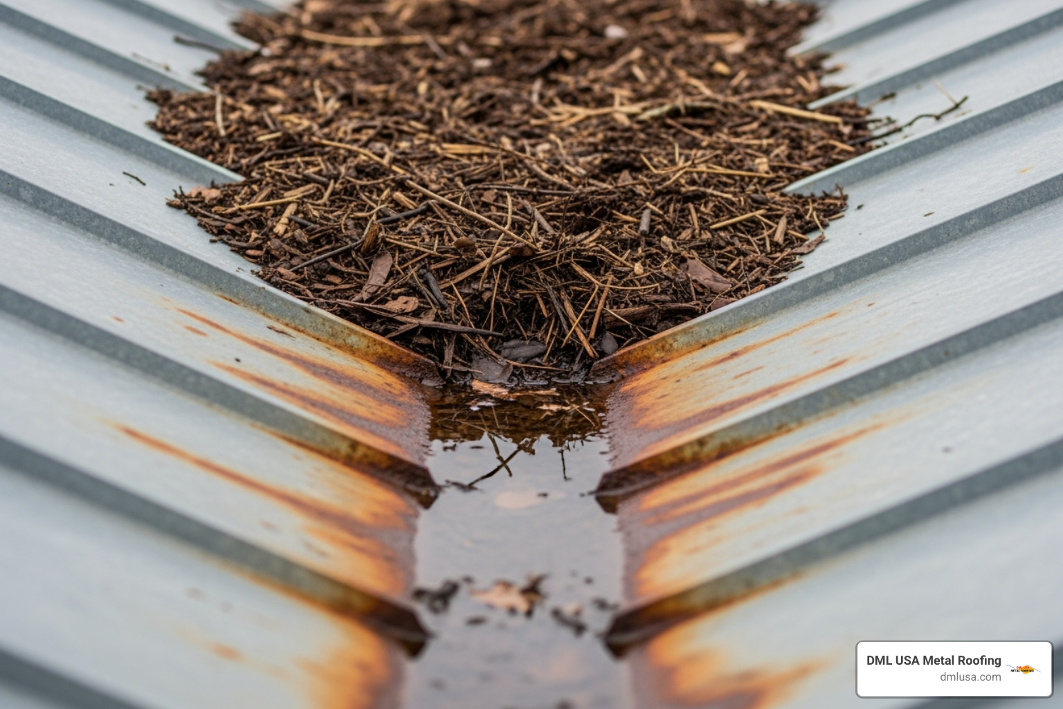 Debris caught in a poorly maintained roof valley, causing a water dam - Metal roof valley installation
