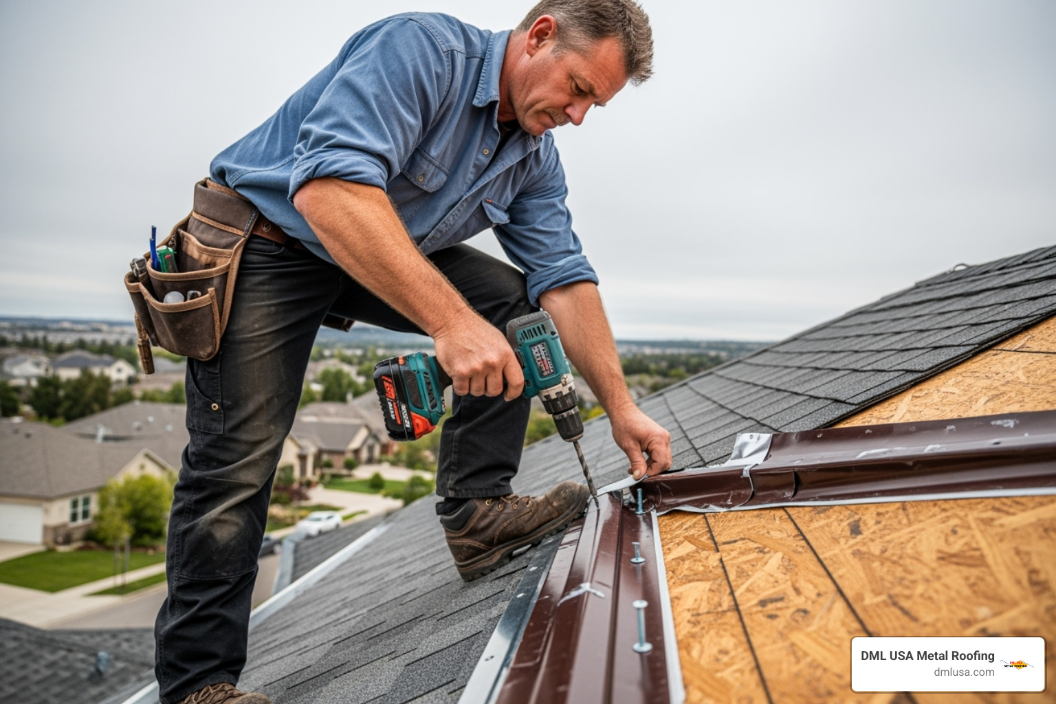 A person fastening the metal valley flashing with sealant tape visible along the edge - Metal roof valley installation