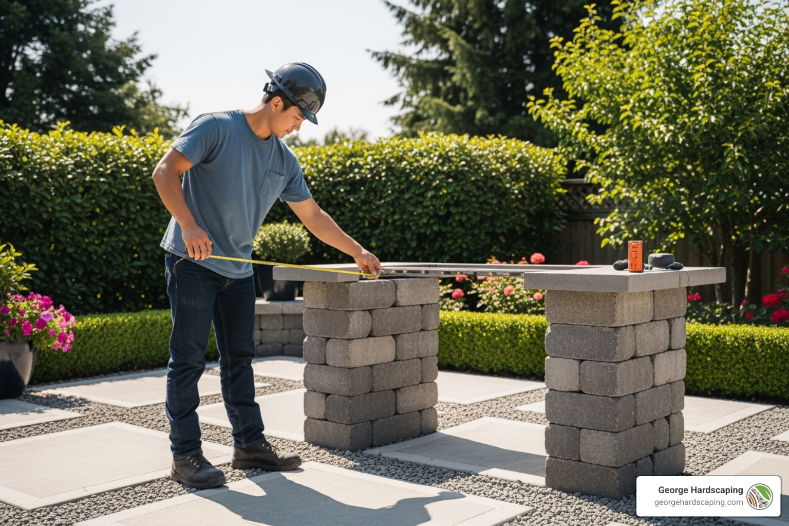 Hardscape contractor measuring a patio space for an outdoor kitchen island installation – Outdoor kitchen with fridge