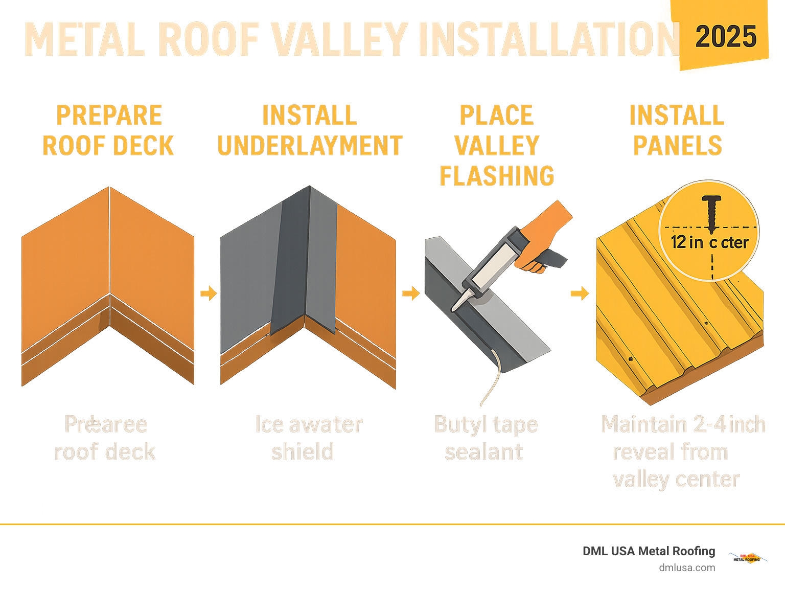Step-by-step metal roof valley installation process showing roof deck preparation, underlayment installation, valley flashing placement, sealing techniques, and final panel installation with proper overlap measurements and fastening patterns - Metal roof valley installation infographic 
