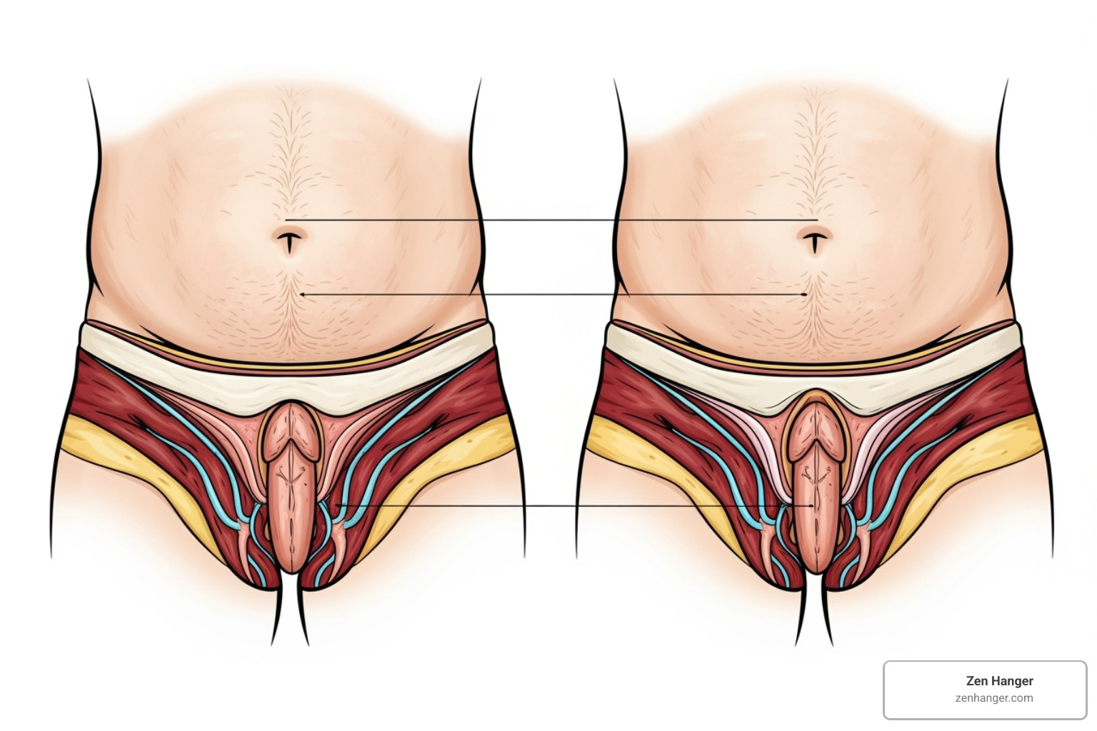 illustration of how reducing belly fat reveals more penis shaft - how to get a bigger and thicker penis