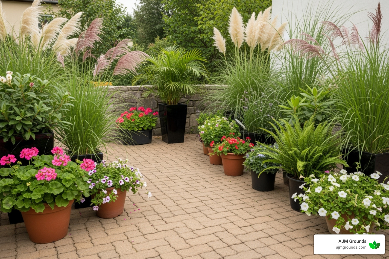 hardscaped area with container plants and ornamental grasses - low maintenance hardscape