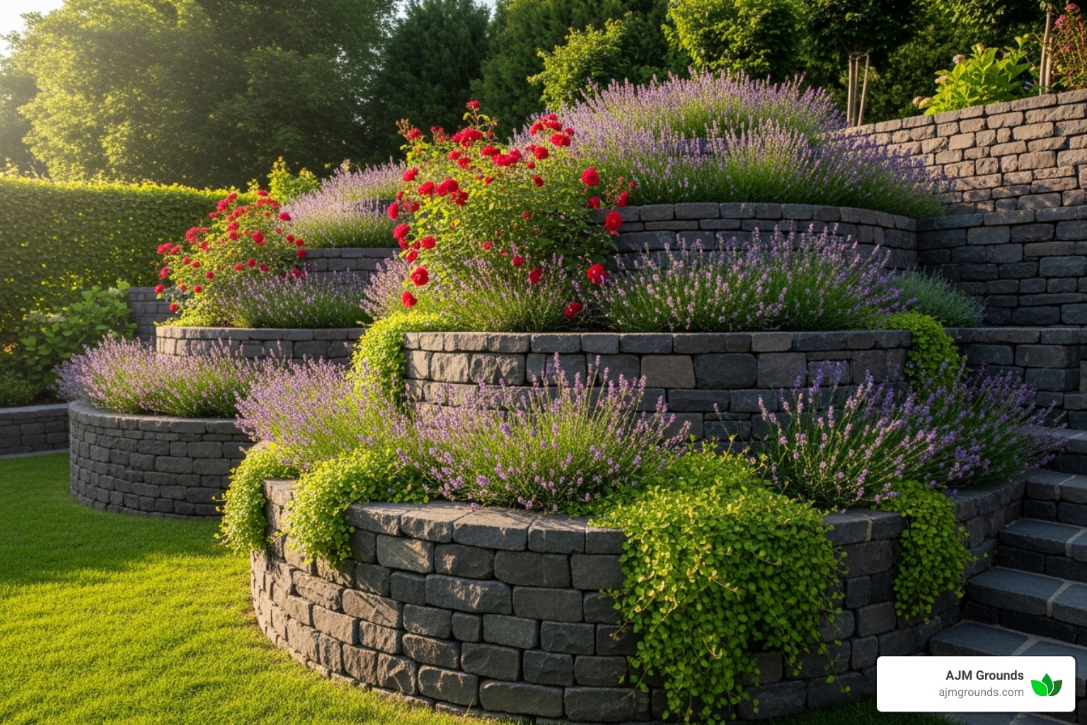 tiered retaining wall creating beautiful garden beds - low maintenance hardscape