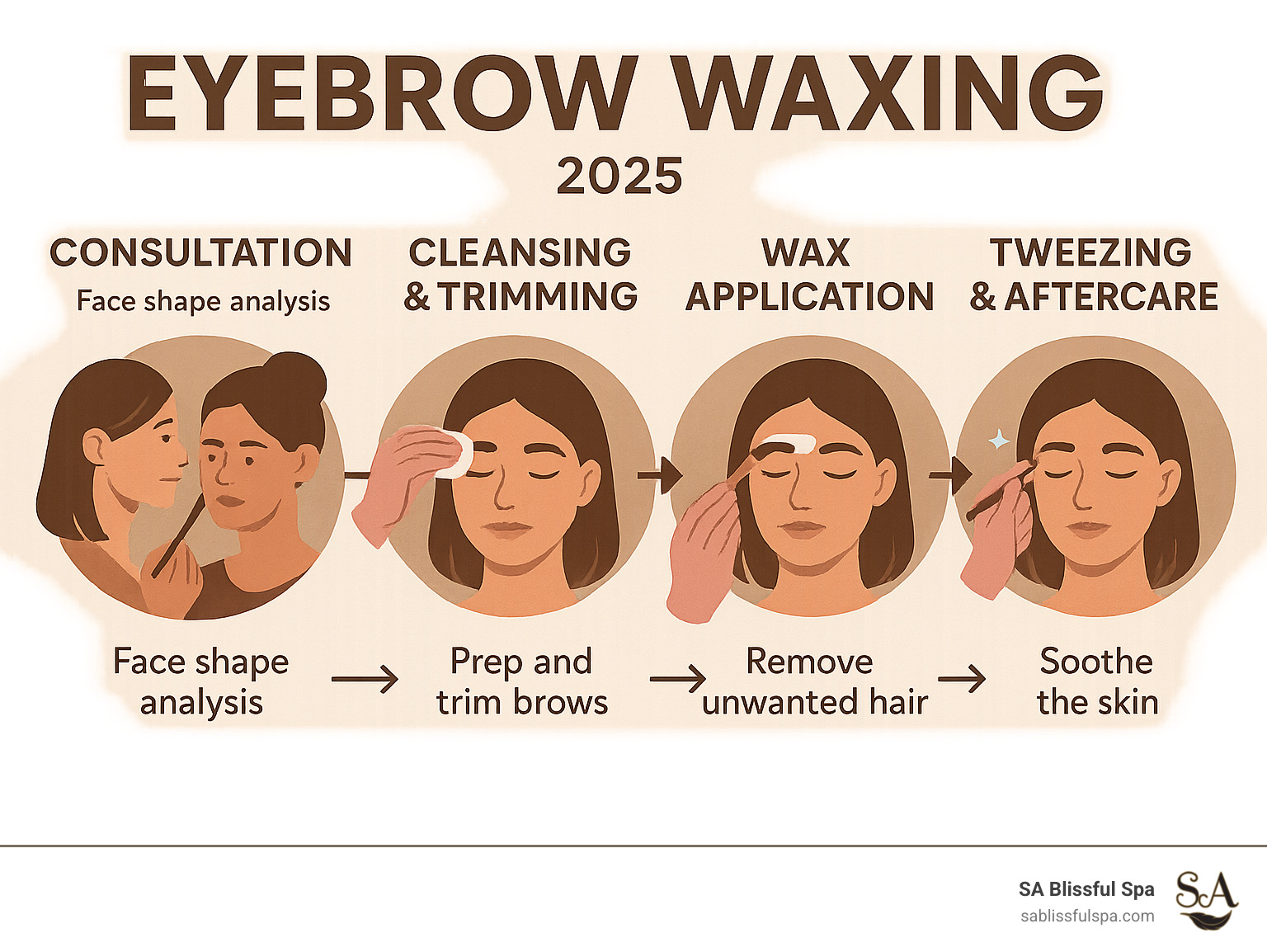 Infographic showing the complete eyebrow waxing process from initial consultation and face shape analysis, through cleansing and trimming, to wax application and removal, followed by tweezing stray hairs and applying soothing aftercare products - Eyebrow Waxing infographic 