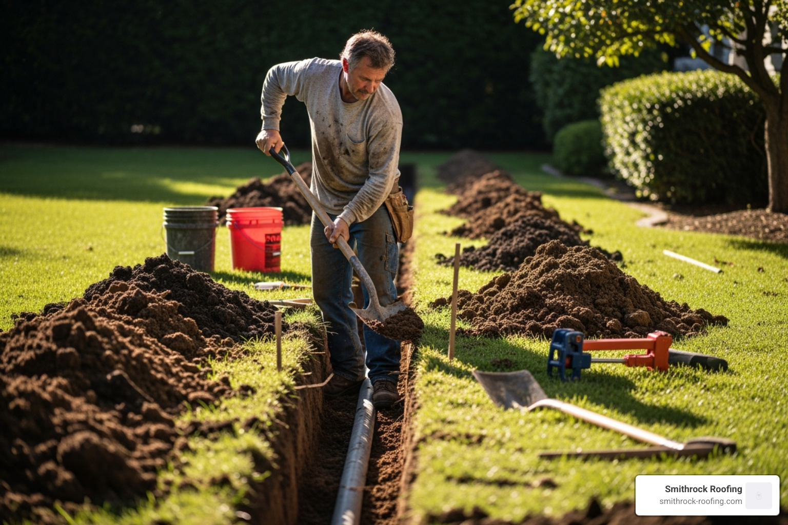 contractor digging trench for drainage pipe - cost to install gutter drainage