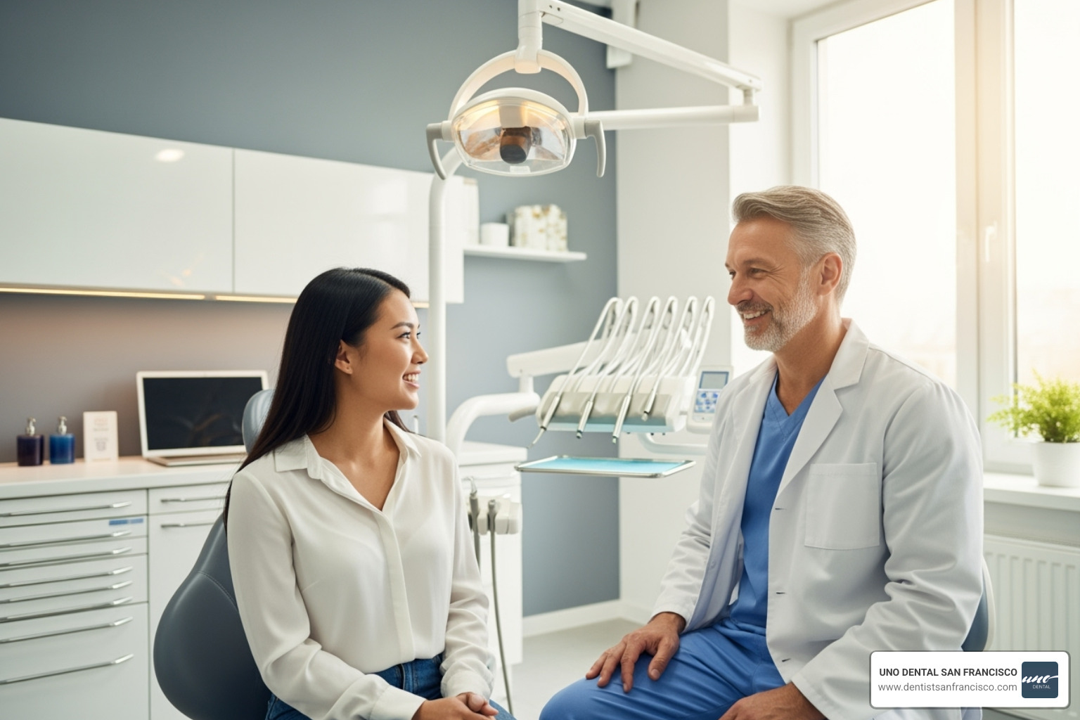 happy patient consulting with friendly dentist - porcelain veneers expert