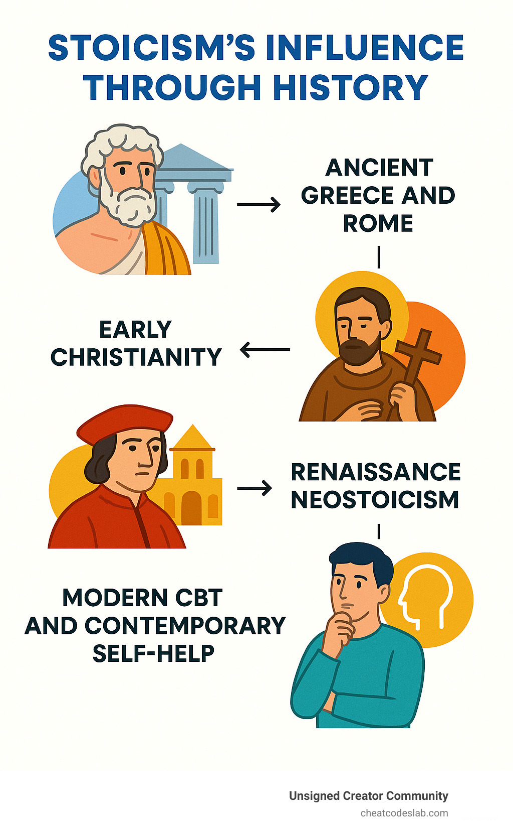 Infographic showing Stoicism's influence through history: from ancient Greece and Rome, through early Christianity, Renaissance Neostoicism, to modern CBT and contemporary self-help movements - Stoicism infographic 