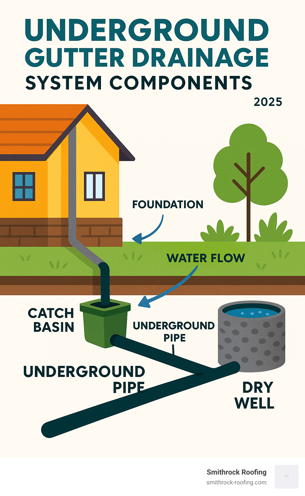 Detailed breakdown of underground gutter drainage system components including catch basins, underground pipes, dry wells, and proper water flow direction away from foundation - cost to install gutter drainage infographic 