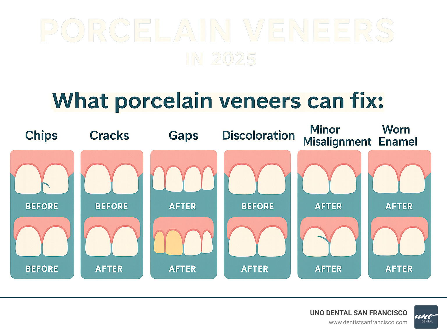 Infographic showing porcelain veneers fixing various dental issues including chips, cracks, gaps, discoloration, minor misalignment, worn enamel, and uneven teeth with before and after comparisons - porcelain veneers expert infographic 
