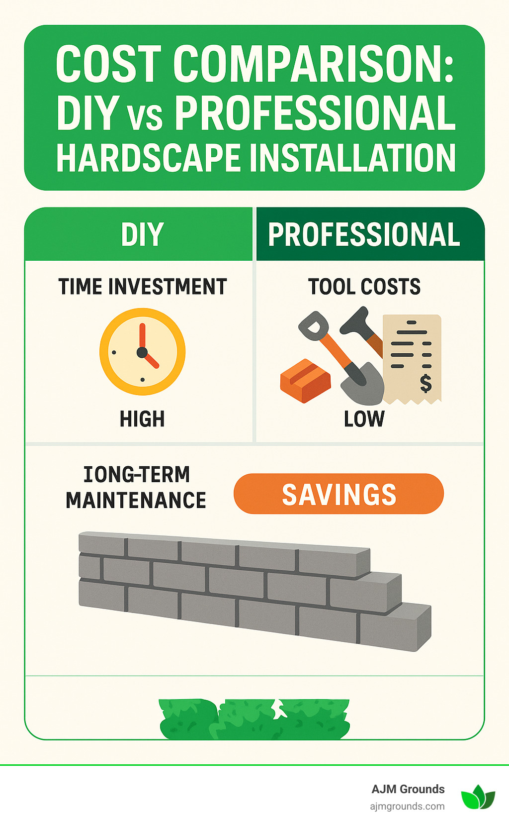 Infographic showing cost comparison between DIY and professional hardscape installation, including time investment, tool costs, and long-term maintenance savings - low maintenance hardscape infographic 