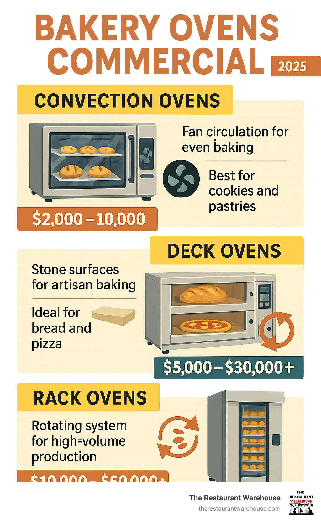 Infographic showing three types of commercial bakery ovens: Convection ovens with fan circulation for even baking of cookies and pastries, Deck ovens with stone surfaces for artisan bread and pizza, and Rack ovens with rotating systems for high-volume production, including price ranges and ideal applications for each type - bakery ovens commercial infographic Infographic showing three types of commercial bakery ovens: Convection ovens with fan circulation for even baking of cookies and pastries, Deck ovens with stone surfaces for artisan bread and pizza, and Rack ovens with rotating systems for high-volume production, including price ranges and ideal applications for each type - bakery ovens commercial infographic